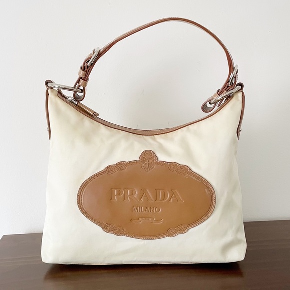 Prada white nylon camel brown leather embossed logo shoulder hobo bag - Picture 2 of 15